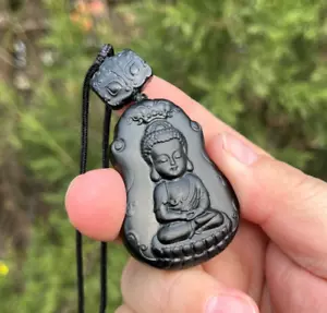 CERTIFIED 38g 100% NATURAL HOTAN BLACK JADE HAND CARVED BABY BUDDHA PENDANT - Picture 1 of 16