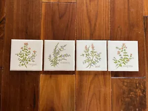 Vintage USA Ceramic Tile Set of 4 Herbs Mint, Marjoram, Oregano & Rosemary 4.25" - Picture 1 of 5