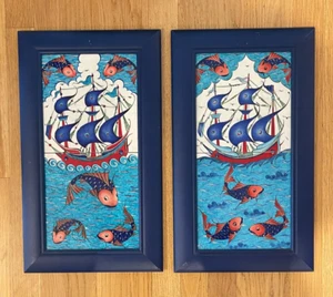 SET OF 2 WOOD FRAMED TURKISH IZNIK ART TILE CLIPPER SHIP AND FISH HAND PAINTED - Picture 1 of 7