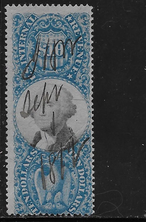 US Scott R128, $10.00 Internal Revenue Service, 2nd Issue, Blue, Used, NG, VF - Image 1 of 1