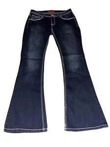Rote Nieten Schlagjeans Damen Gr. 9 dunkle Waschung dehnbar niedriger Bund Glitzer Taschen W32 - Bild 1 von 7