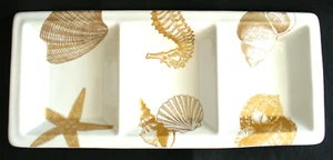 222 Fifth~Stoneware~COASTAL LIFE~Gold~DIVIDER TRAY~Serving Dish~16" x 7"~EC - Picture 1 of 7