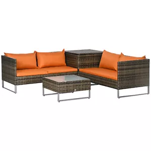 Outsunny 4Pcs Patio Rattan Sofa Garden Furniture Set with Table Cushions Orange - Picture 1 of 11