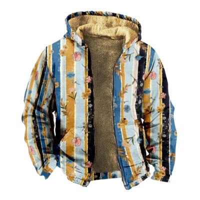 Para Hombres Rayas Estampado Flores Invierno Polar Sudadera con Capucha Cremallera Chaqueta con Capucha Suéter Foto 1 de 4