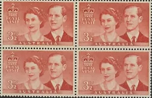 1954 Australia Royal Visit MNH Red Block of 4x31/2d Queen & Prince Philip Stamps - Picture 1 of 1