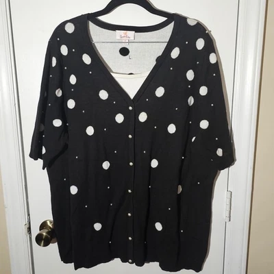 Quacker Factory Black & White Pearl Embellished Polka Dot 100% Cotton Sz 1X  - Image 1 of 4