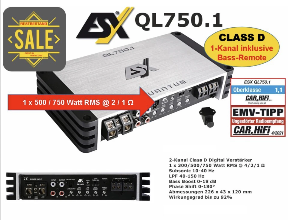 ESX QL750.1 QUANTUM 1-Kanal Digital Monoblock Mono Verstärker 750 Watt RMS - Bild 1 von 4