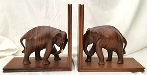 Pair of Hand Carved Rosewood Wooden Elephant Bookends 8.5" H x 8.5" L - Picture 1 of 16