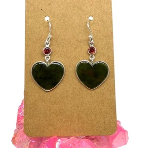 Chrome Chalcedony & Garnet Heart Earrings 925 Sterling Silver Green Stone Dangle - Picture 1 of 7