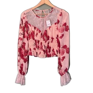 Neu mit Etikett Free People Langarm-Bluse geblümt Spitze kurz geschnitten Daphne Gr. S romantisch Frühling - Bild 1 von 5