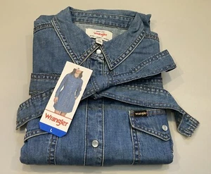 Wrangler Retro Denim Shirt Dress Women's L Blue Pearl Snap Western Cowgirl NWT - Picture 1 of 5