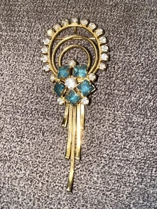 Vintage Art Deco Blue Topaz/ Clear Rhinestone Flower Dangle Brooch/Pendant - Picture 1 of 15
