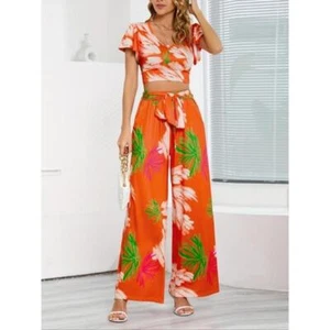New Casual Women's Printed Button Shirt Top High Waist Wide Leg Pants Two-piece - Picture 1 of 5