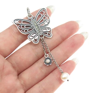 PANDORA 925 Sterling Silver Real Marcasite Pearl & C Z Butterfly Pendant - Picture 1 of 8