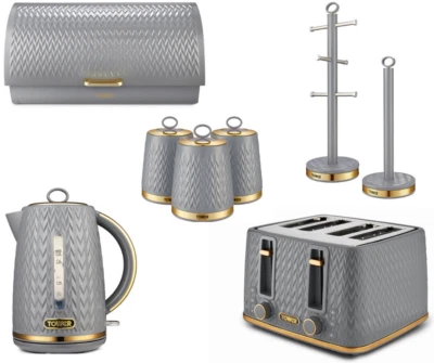 Tower Empire Grey Kettle Toaster Canisters Bread Bin Mug Tree & Towel Pole - Image 1 of 4