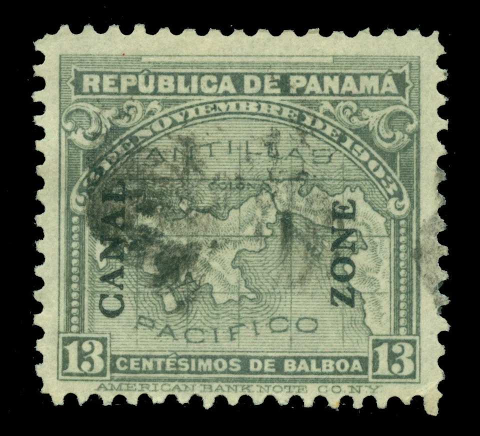 CANAL ZONE (US) 1911 Map of Panama SURCH. 10c/13c gray ERROR 10c omitted Sc# 36a - Image 1 of 2
