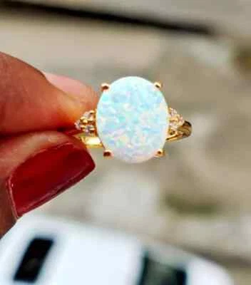 Natural Fire Opal 3Ct Oval Cut Solitaire Engagement Ring 14K Yellow Gold Plated - Image 1 of 4