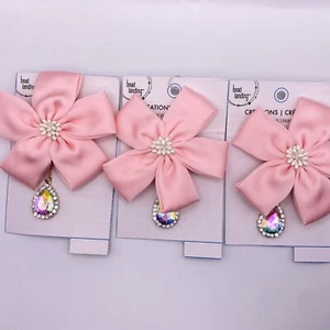3pcs Satin Pink Cute Elegant Flower with Crystal Pendant Brooch Pin Bead Landing - Picture 1 of 11