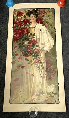 Minty Art Nouveau Walk-Over Shoes Advertising Yard Long Standing Lady w Roses - Image 1 of 4