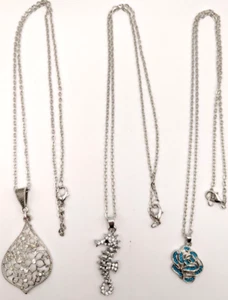 Lot of 3 Sparkling Pendant Necklaces Silver Tone Seahorse Rose Tear Drop 22"  - Picture 1 of 9