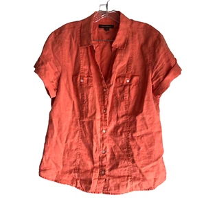 Tommy Bahama Women's 100% Linen Blouse Size L Orange Short Sleeve Hawaiian - Picture 1 of 9