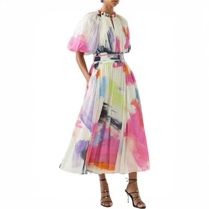 AJE Elysium Dress Size 8 AU / 4 US Blouson Puff Sleeve Linen Silk Midi - Picture 1 of 6