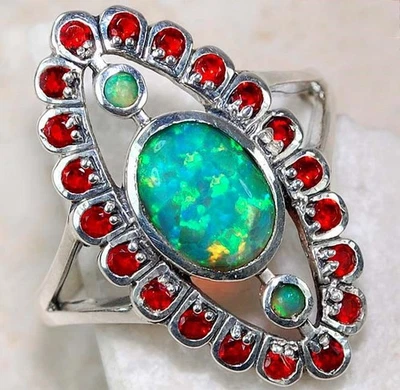 2CT Australian Opal & Treated Ruby 925 Sterling Silver Filigree Ring Sz 7 F3-4 - Image 1 of 2