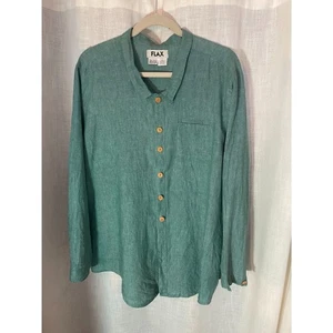 FLAX Men's 100% Linen Shirt Medium Green Long Sleeve Button Front Casual EUC - Picture 1 of 7