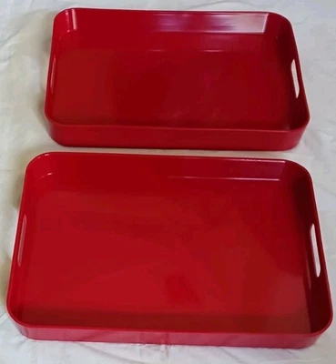 lot of 2 HOME 10x15 Inch Red Melamine Serving Tray w/Handles Serving Platters - Image 1 of 4
