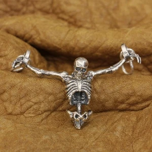 LINSION 925 Sterling Silver Upper Body Skull Pendant Mens Punk Pendant TA373A JP - Picture 1 of 8