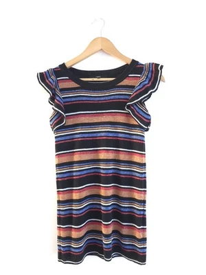 Next Womens Multi Striped Knitted Jumper Top Linen Blend Ruffle Sleeves -Size 6 - Image 1 of 4