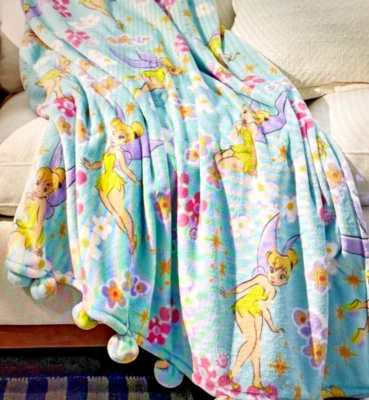 VERA BRADLEY DISNEY TINKERBELL PLUSH THROW BLANKET WITH POM POMS:NWT TINKERBELL - Image 1 of 4