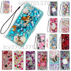 Flip Leather Phone Cases Bling diamonds stand wallet covers & straps For iPhone