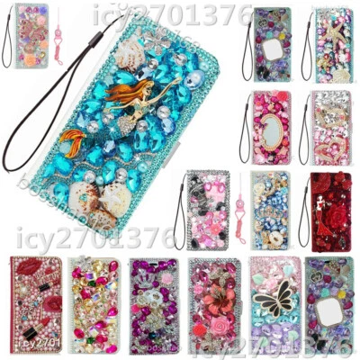 Flip Leather Phone Cases Bling diamonds stand wallet covers & straps For iPhone - Image 1 of 4