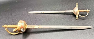 TWO SPANISH TOLEDO DAMASCENE GOLD & STEEL SWORD LETTER OPENERS 9" & 7" c1960 vg - Picture 1 of 7