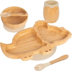 Baby Feeding Set - Dinosaur - Beige - 5Pc - Divided Non-Slip Bamboo Self-Feeding - Picture 1 of 12