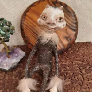 Creepy Demon Monster OOAK Halloween Signed Handmade Papier mache Natural Fur Art - Picture 1 of 13