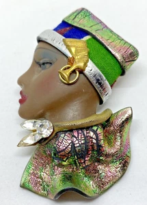 Vintage 1980s Polymer Clay Art Deco African Queen Egypt Lady Head Brooch Pin 3” - Picture 1 of 7