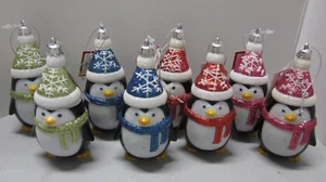 Christmas Penguin with Santa Hats Glitter Scarfs and Bellies Colorful set of 8 - Picture 1 of 18