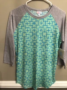 LuLaRoe T-Shirt Randy Tee Gray Blue Stars Geometric 3/4 Sleeve Women Size Small - Picture 1 of 12