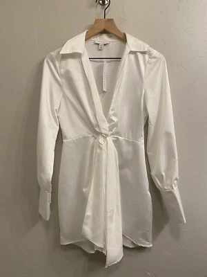 Topshop женщин новый с Ярлыками Sz 4 (XS) белый атласный Twist спереди мини-платье-рубашка w/боковой молнии - Изображение 1 из 4