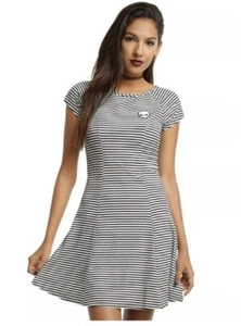 Hot Topic Womens A Line T-Shirt Dress Black Whtie Striped Skull Knit JR M - Picture 1 of 4