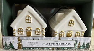 Celebrate Christmas Ciroa Ceramic Salt & Pepper Shakers Ivory Gold House - Picture 1 of 8