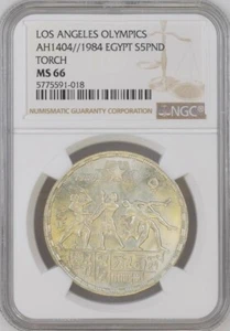 EGYPT , SILVER 5 POUNDS 1984 LOS ANGELES OLYMPICS ( U ) NGC MS 66 , RARE - Picture 1 of 2