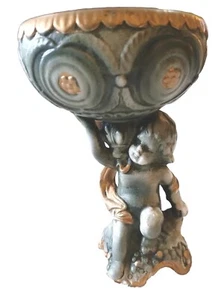 VINTAGE CERAMIC CHERUB COMPOTE DISH SOAP PEDESTAL GREEN GOLD  HOLLYWOOD REGENCY  - Picture 1 of 12