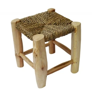 Scandi Stil Holzhocker Hocker Fußhocker mit geflochtenen Palmenblättern 20x20 cm - Bild 1 von 6