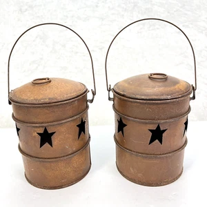 Metal Candle Holder Luminary Can 6" Tall Set of 2 Brown Rusty Look Farmhouse - Picture 1 of 7