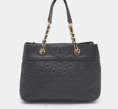 TORY BURCH QUILTED FLEMING BLACK CHAIN TOTE BAG PURSE - Image 1 of 4