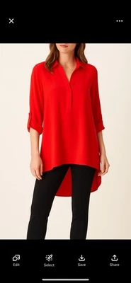 Renuar Women’s Red Tunic Blouse Size Small Roll Tab Sleeve V-Neck High Low Hem - Image 1 of 4