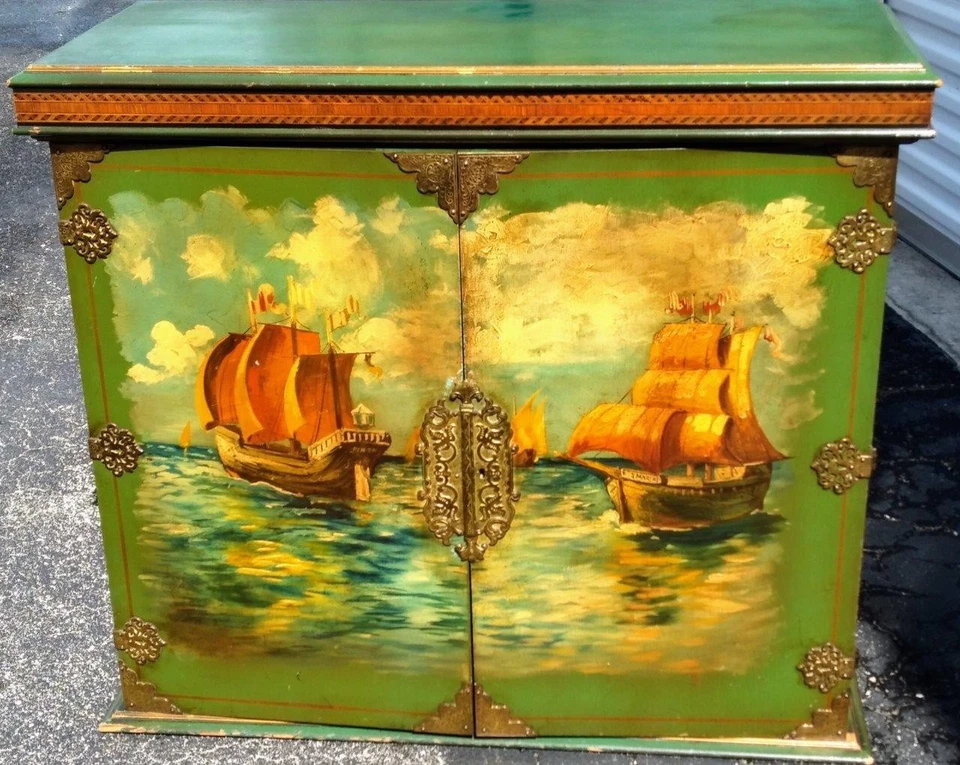 Antigo navio náutico pintura a óleo pintado armário missão madeira baú móveis - Imagem 1 de 4